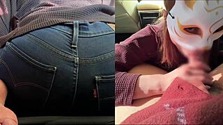 A married woman with an erotic attitude gives two blow jobs in a row and shakes her ass in a car in front of her husband who is driving her home